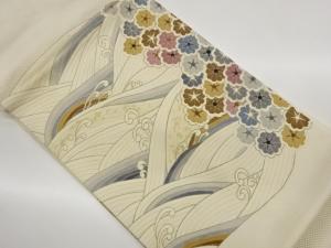 作家物　金彩手描き波に花々模様名古屋帯